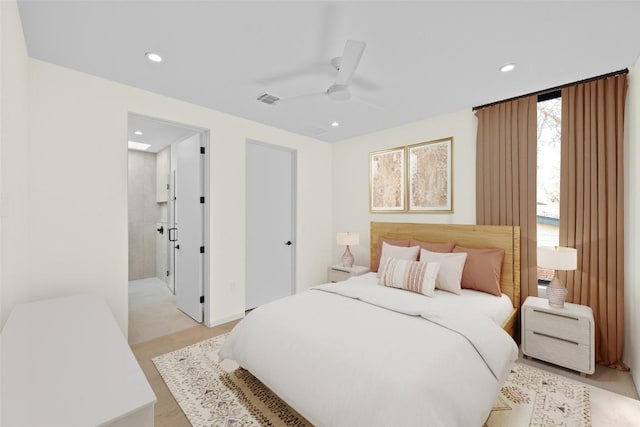 bedroom with ceiling fan, visible vents, and recessed lighting