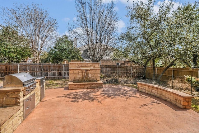 view of patio / terrace with grilling area, an outdoor kitchen, and a fenced backyard