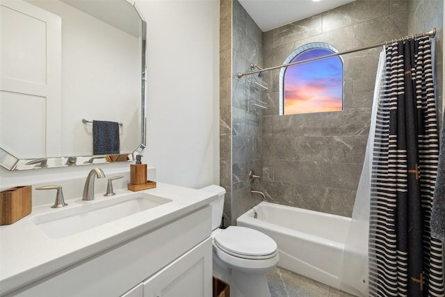 bathroom with shower / bath combo, vanity, and toilet