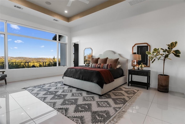 tiled bedroom with a ceiling fan, recessed lighting, and visible vents