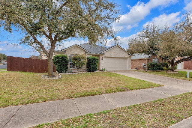 single story home featuring concrete driveway, an attached garage, fence, stone siding, and a front lawn