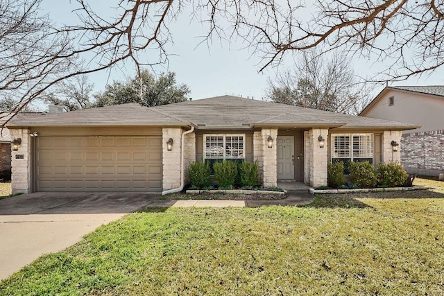 single story home featuring a garage, a shingled roof, driveway, stone siding, and a front yard