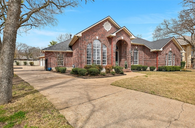 view of front of property with brick siding, driveway, roof with shingles, a gate, and a front lawn