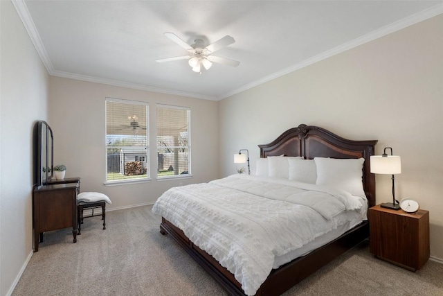 bedroom featuring ornamental molding, carpet, a ceiling fan, and baseboards