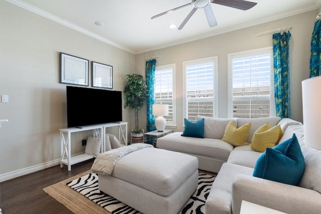 1209 Highknoll Ln, Georgetown, TX 78628 - living room featuring a ceiling fan, wood finished floors, ornamental molding, baseboards, and recessed lighting