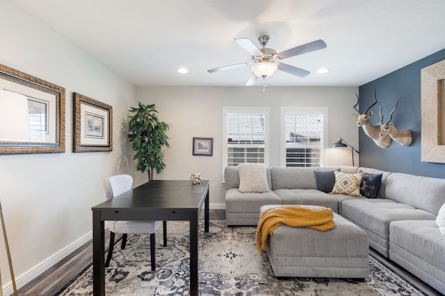 home office with recessed lighting, ceiling fan, baseboards, and wood finished floors