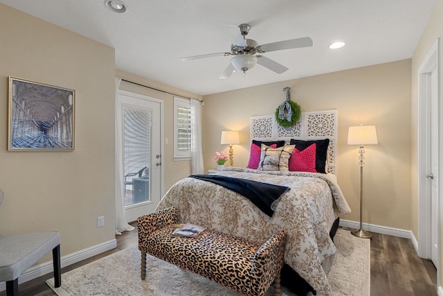 bedroom with baseboards, a ceiling fan, wood finished floors, access to outside, and recessed lighting