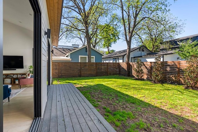 view of yard featuring a fenced backyard and a wooden deck