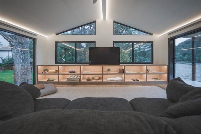 living room featuring vaulted ceiling