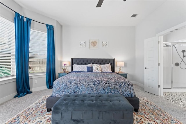 carpeted bedroom with baseboards, visible vents, and ceiling fan