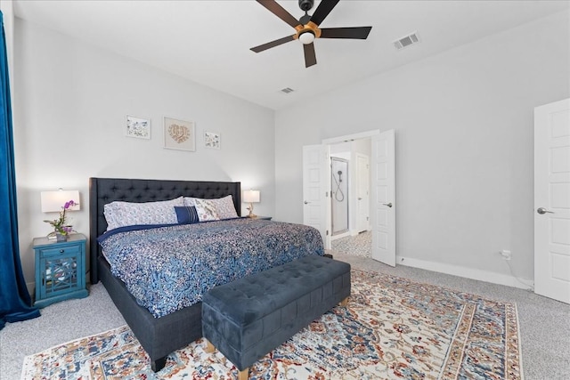 bedroom with a ceiling fan, carpet flooring, visible vents, and baseboards