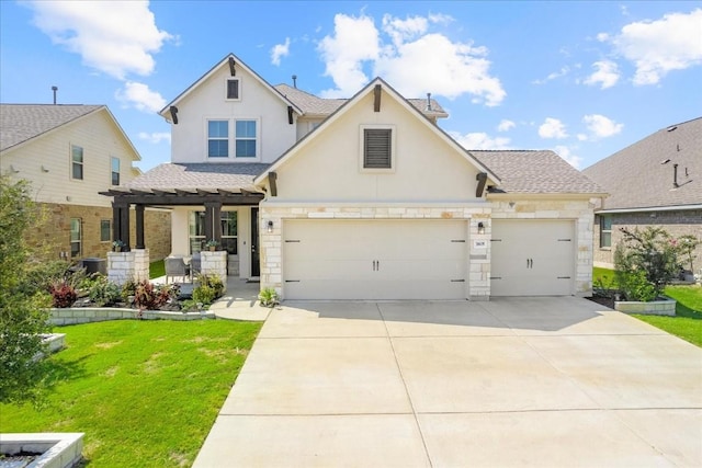 view of front of home featuring stone siding, concrete driveway, roof with shingles, a pergola, and a front lawn