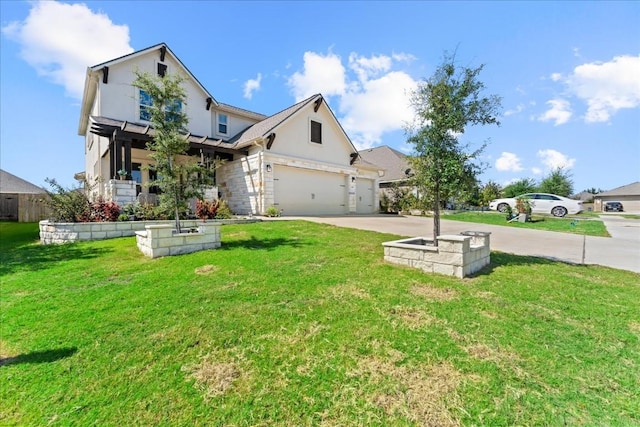 view of front of house featuring a front yard, concrete driveway, and stucco siding