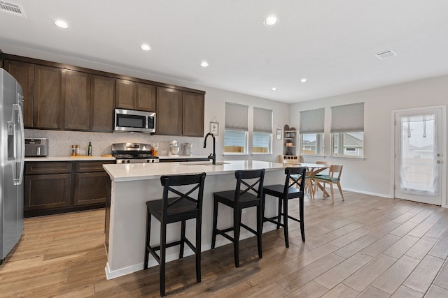 kitchen with visible vents, appliances with stainless steel finishes, a sink, light countertops, and backsplash