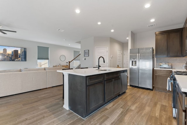 kitchen featuring light countertops, visible vents, appliances with stainless steel finishes, light wood-style floors, and a sink