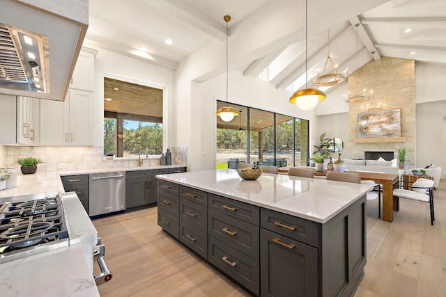 kitchen with decorative backsplash, white cabinets, dishwasher, beamed ceiling, and exhaust hood