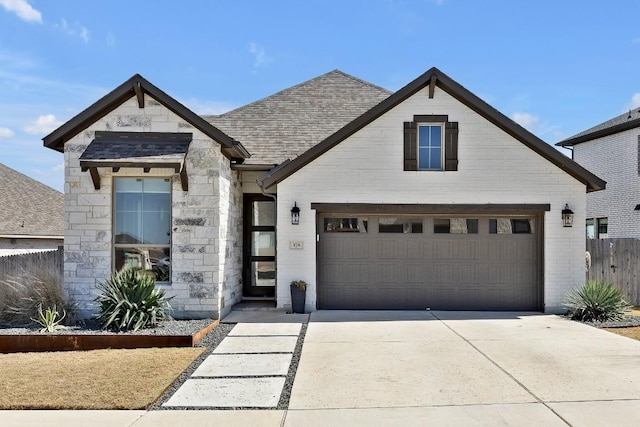 view of front of home featuring driveway, a garage, stone siding, roof with shingles, and fence