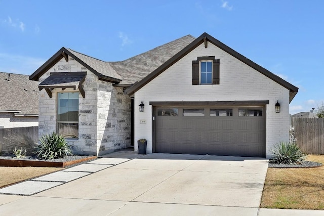 view of front of house featuring concrete driveway, roof with shingles, brick siding, and fence