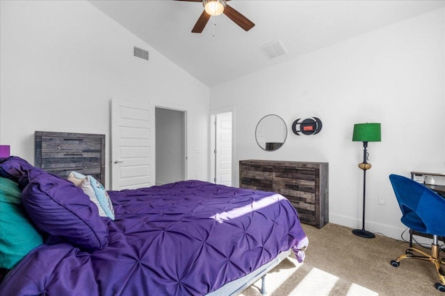 bedroom featuring baseboards, carpet floors, visible vents, and a ceiling fan