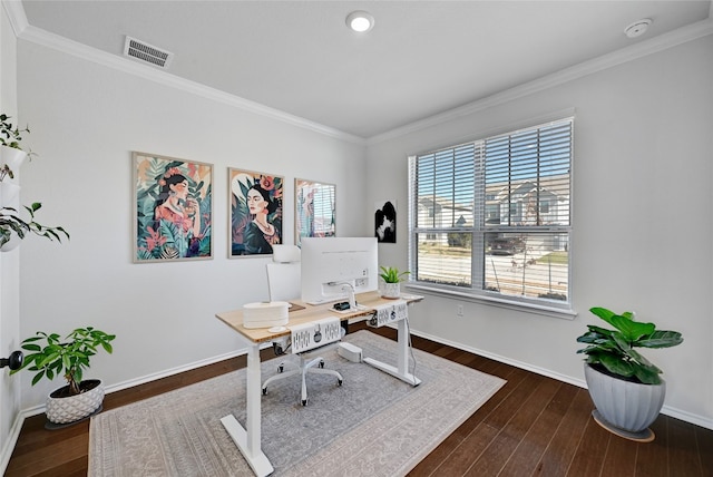 office space featuring dark wood-style floors, visible vents, crown molding, and baseboards