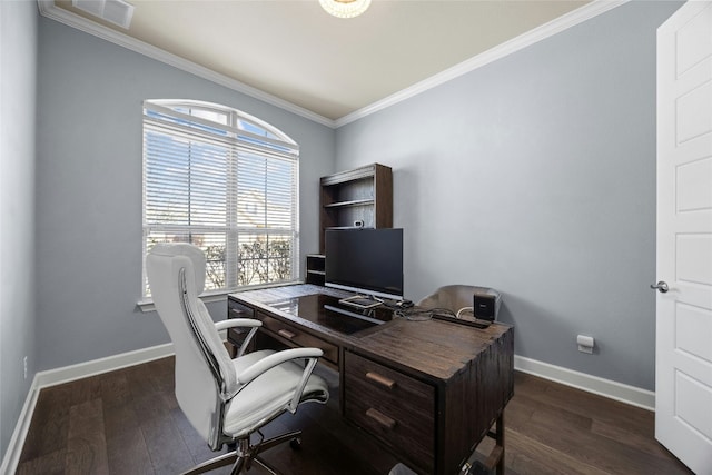 home office with baseboards, crown molding, visible vents, and wood finished floors