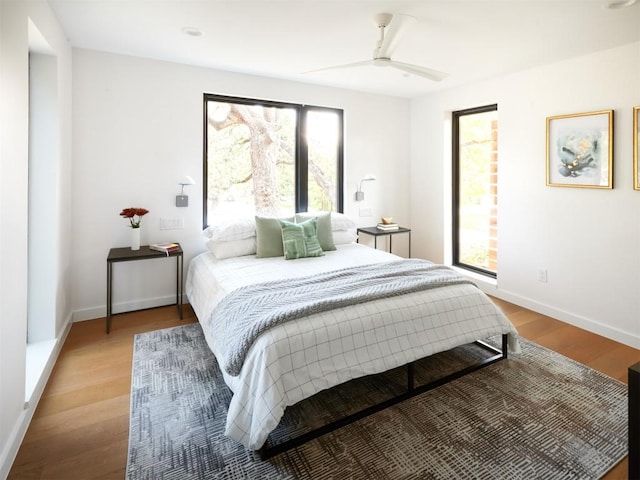 2703 Pegram Ave, Austin, TX 78757 - bedroom with multiple windows, light wood finished floors, baseboards, and ceiling fan