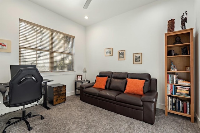 office with carpet floors, recessed lighting, ceiling fan, and baseboards