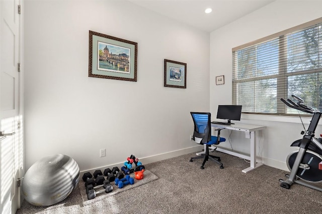 carpeted office featuring recessed lighting and baseboards