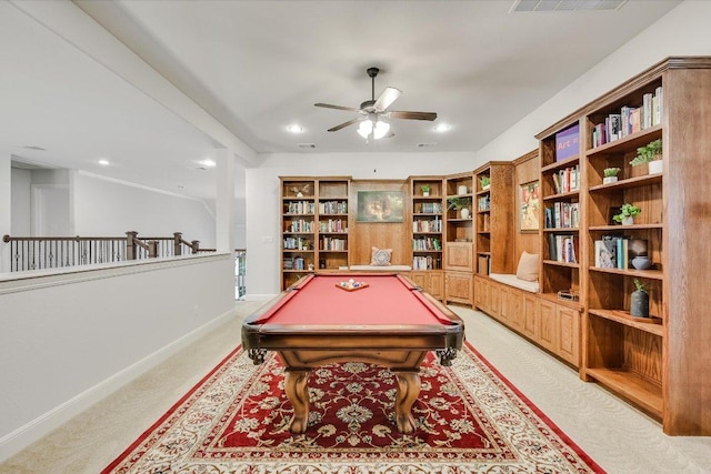 recreation room featuring visible vents, baseboards, light colored carpet, ceiling fan, and pool table