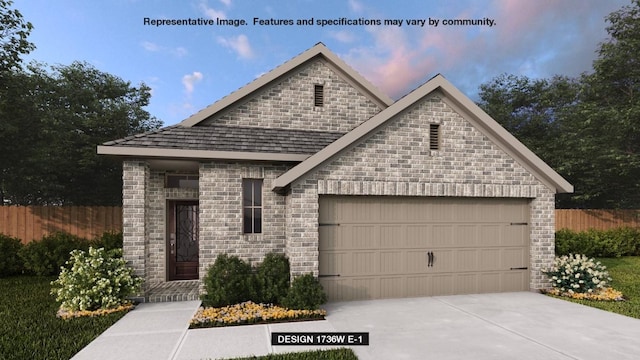 view of front of property with a garage, driveway, fence, and brick siding