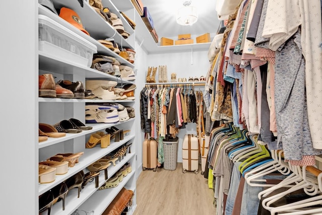 spacious closet featuring attic access and wood finished floors