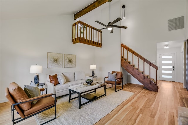 living area featuring visible vents, wood finished floors, stairs, high vaulted ceiling, and beam ceiling