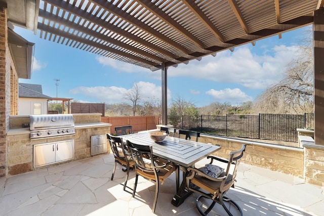 view of patio / terrace featuring area for grilling, a fenced backyard, a grill, outdoor dining area, and a pergola