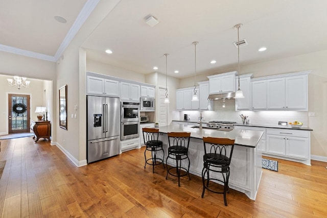 kitchen featuring under cabinet range hood, appliances with stainless steel finishes, light wood finished floors, and backsplash