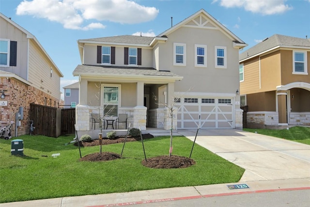 view of front facade with stucco siding, a porch, an attached garage, a front yard, and fence