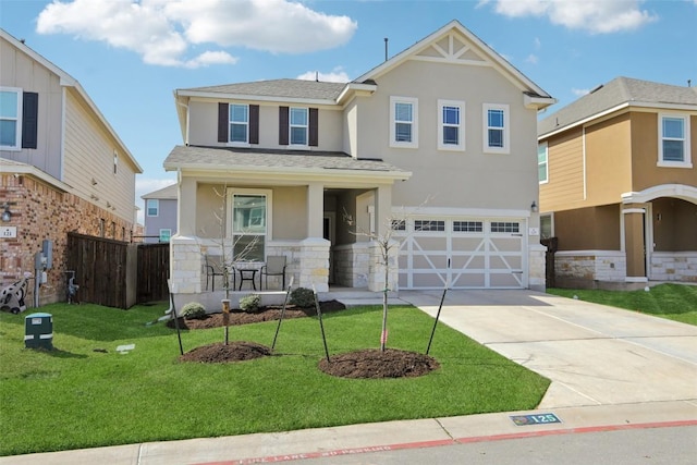 125 Danablu Dr, Hutto, TX 78634 - view of front facade featuring covered porch, stucco siding, a garage, concrete driveway, and roof with shingles