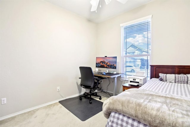 bedroom featuring ceiling fan, carpet floors, and baseboards