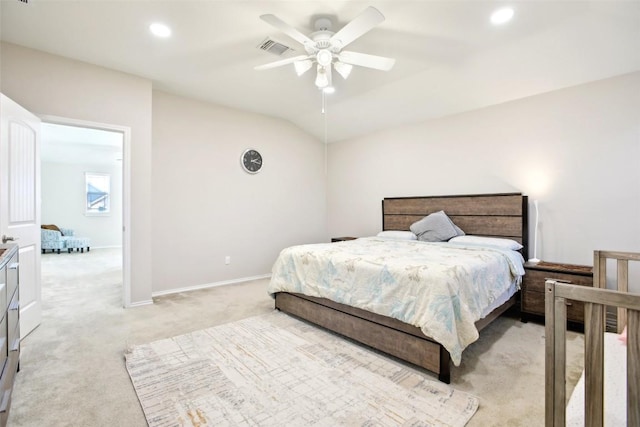 125 Danablu Dr, Hutto, TX 78634 - bedroom with light carpet, recessed lighting, baseboards, ceiling fan, and lofted ceiling