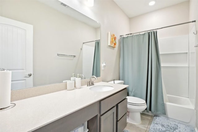 bathroom featuring tile patterned flooring, toilet, visible vents, vanity, and shower / tub combo with curtain