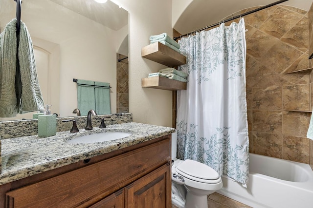 2618 Plantation Dr, Round Rock, TX 78681 - full bathroom featuring vanity, toilet, shower / bath combo with shower curtain, and tile patterned floors