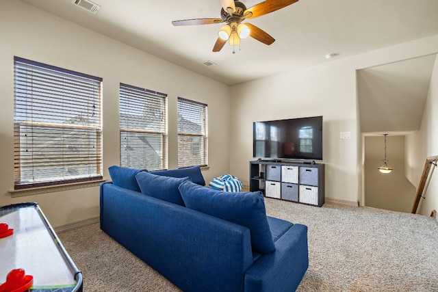 2618 Plantation Dr, Round Rock, TX 78681 - carpeted living room featuring a ceiling fan