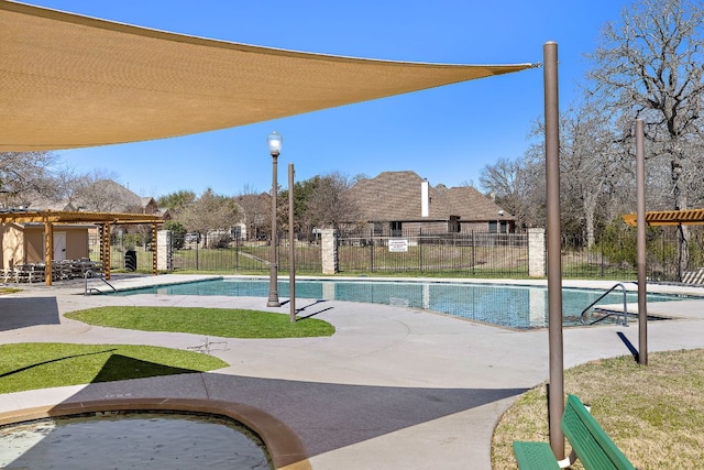 view of pool featuring a patio, fence, a fenced in pool, and a pergola