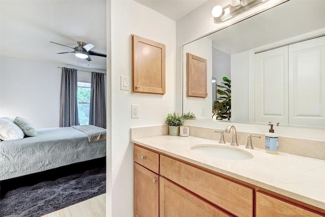 bathroom featuring ceiling fan, vanity, and wood finished floors