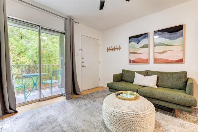 living area featuring ceiling fan and wood finished floors