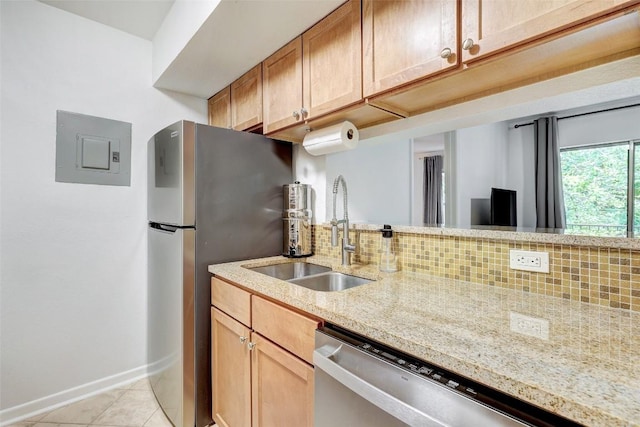 kitchen with electric panel, appliances with stainless steel finishes, backsplash, and a sink