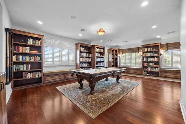 rec room with recessed lighting, billiards, dark wood-style floors, and visible vents