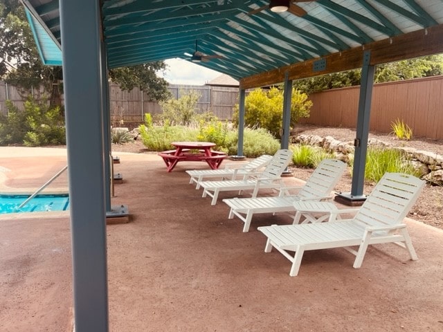 view of patio with ceiling fan and a fenced backyard