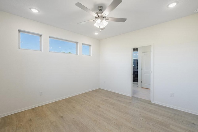 unfurnished room with recessed lighting, baseboards, ceiling fan, and light wood finished floors