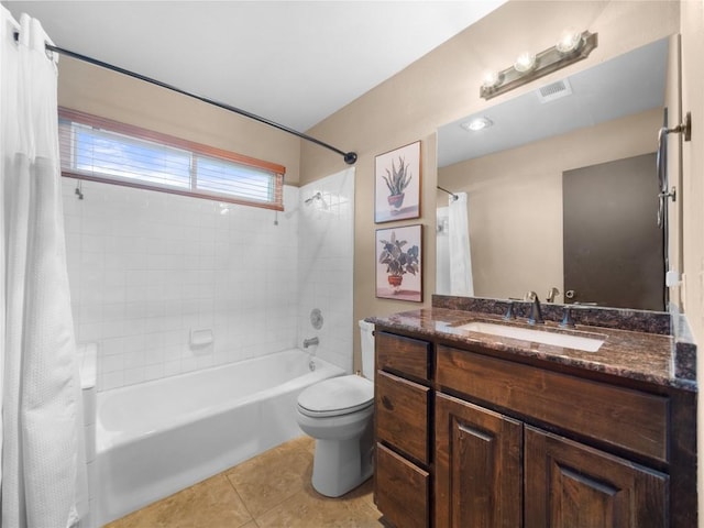 bathroom featuring visible vents, shower / bathtub combination with curtain, toilet, vanity, and tile patterned floors