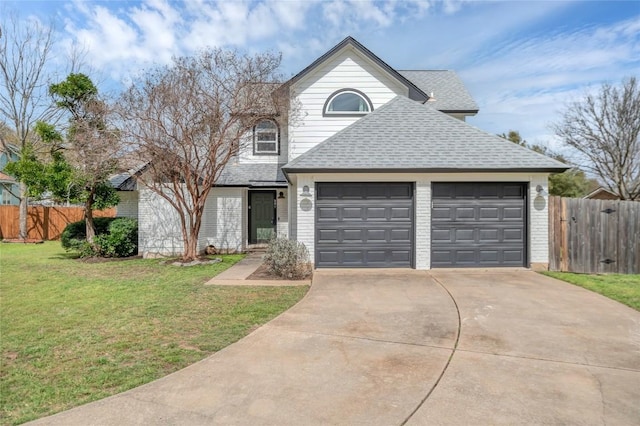 traditional home with brick siding, roof with shingles, and a front yard